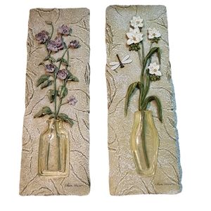 Rare Find Signed Vintage Cheri Blum 3D Resin Wall Art Plaques Flowers in Vases